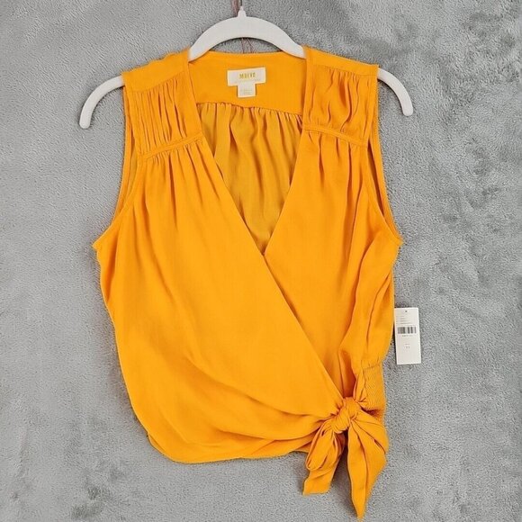 Maeve Wrap Top Womens XS Mango Textured Satin Sleeveless V-Neck Anthropologie - Picture 1 of 9